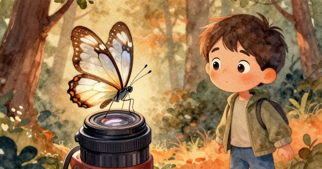 在黃昏寧靜中，一隻蝴蝶輕降相機鏡頭蓋上，亞歷克斯在背景中默然注視，神情滿溢勝利與感動。