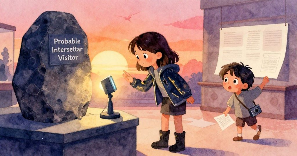 瑪琳專注檢查著神秘的隕石，手持掃描器散發柔光，背景中喜愛外星生物的紀錄員紀予拿著筆記本和相機觀察著。