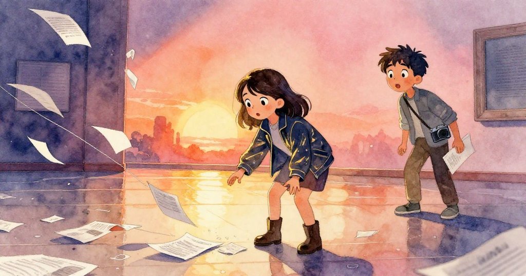 瑪琳蹲下收拾飛舞的紙頁，紀予在背景中驚訝，光線柔和映出大廳鏡面般的地板，散發著一絲擔憂與堅定。