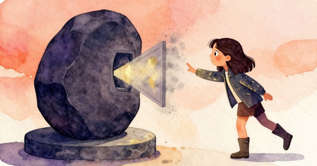 瑪琳的肩膀無意中碰觸基座，神秘隕石微微晃動，釋放出灰塵，隱藏面板悄然打開，透露出秘密。