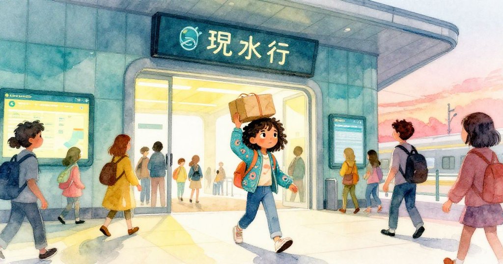 米拉踏入聯合車站大門，肩挑包裹，周圍人潮熙攘，表情堅定，現代建築背景展示旅程開始