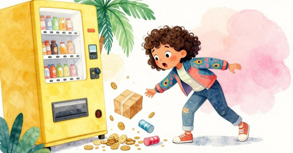 米拉驚訝蹲下拾取滑落包裹與圓筒，販賣機旁硬幣散落，動感場景透出城市日常巧遇