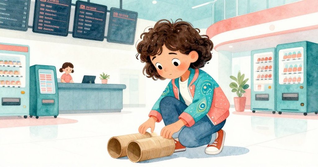 米拉在票務大廳蹲下檢查與包裹相似的紙筒，背景顯示板閃爍，自動販賣機與人潮流動