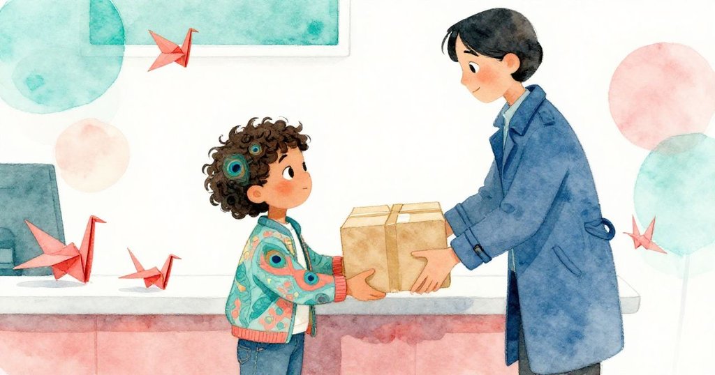 米拉與陌生人在櫃檯前交換包裹，點頭示意，桌上散落鮮豔摺紙鶴，神情溫暖滿足