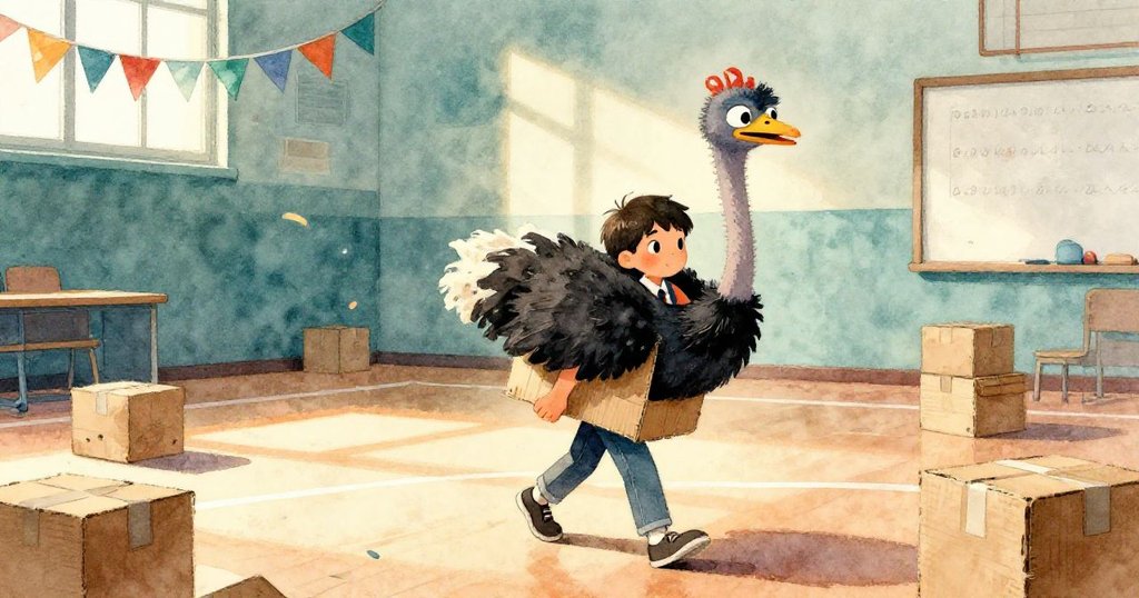 米洛在午後柔和陽光中，獨自攜帶紙板鴕鳥穿過安靜學校體育館，神情堅定、環境有散落箱子與飄揚橫幅。