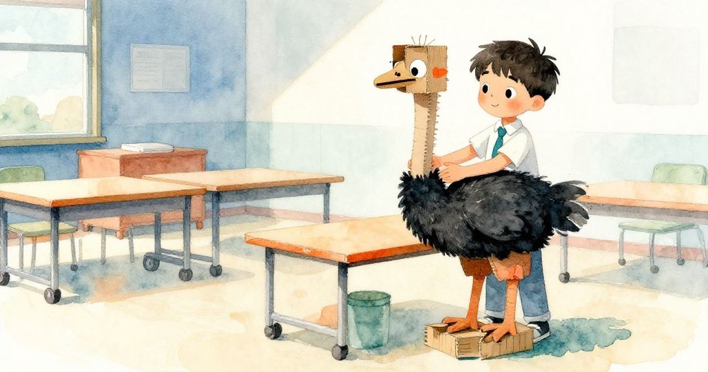 米洛小心翼翼地將紙板鴕鳥放在傾斜桌上，旁邊空曠區域與吱吱作響推車營造寧靜展覽感。