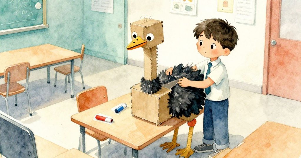 從高處俯瞰，米洛焦慮地用橡皮擦撐起紙板鴕鳥，神態透露出不安和努力的情緒。