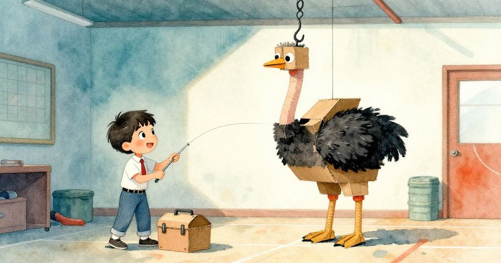 米洛在工具箱旁邊，從過渡空間中取出隱形釣魚線，動作專注地固定紙板鴕鳥。