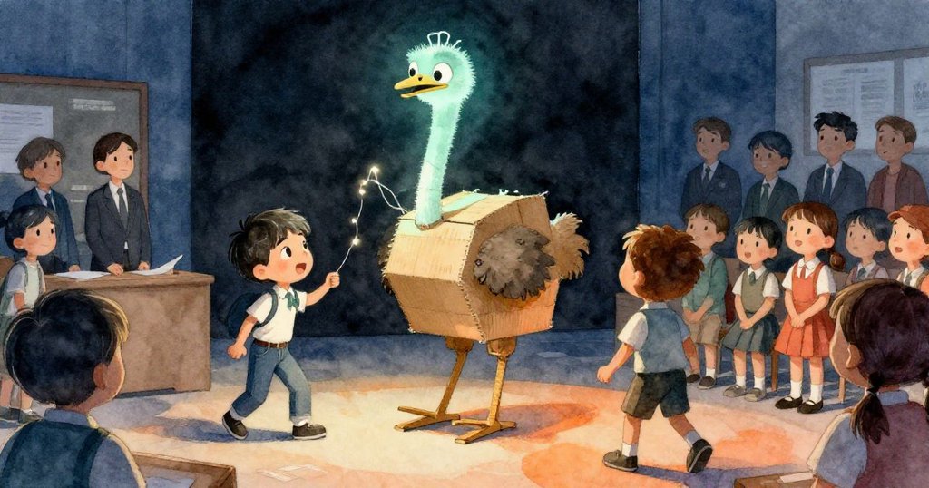 隨著釣魚線發出淡薄荷光，紙板鴕鳥散發神秘光環，米洛及觀眾露出驚訝與期待表情。