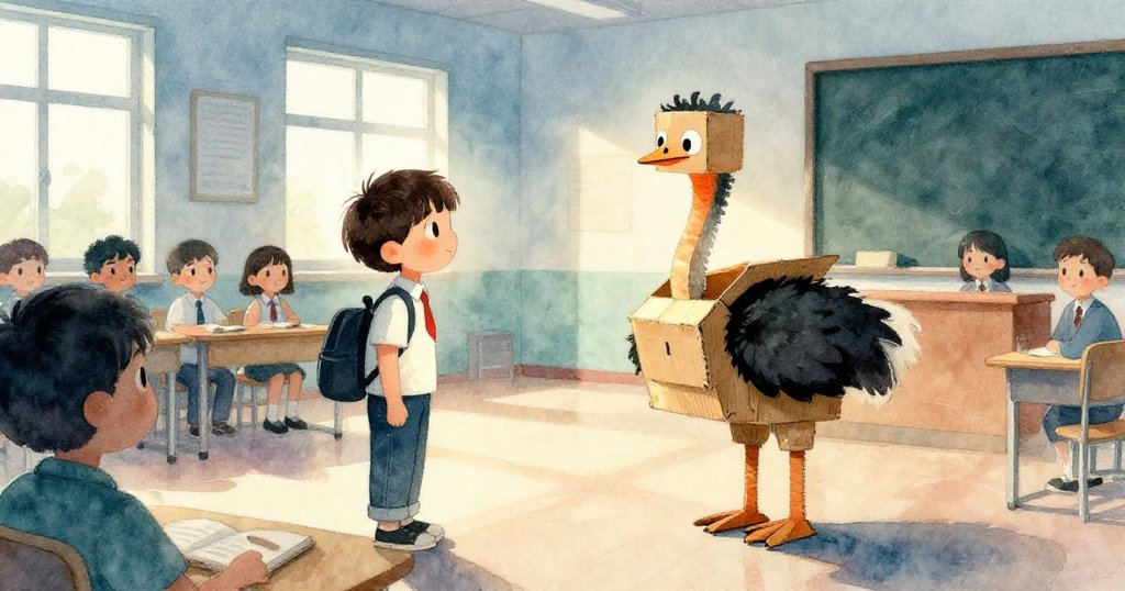 逆光映入展場，米洛靜立反思，紙板鴕鳥散發柔和光芒，展現出結束時的溫暖與寧靜。