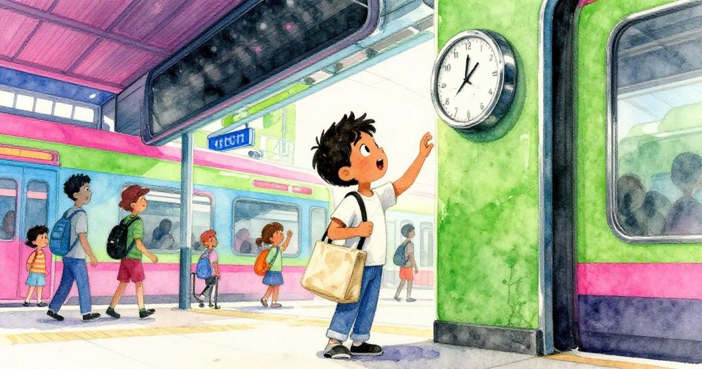 Kian走進河畔車站，手持畫布袋望著破裂時鐘，充滿期待與活力，周圍乘客匆忙忙。