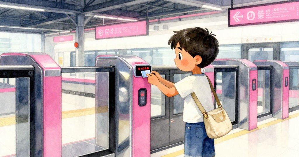 Kian在購票處拿著閃紅光的聯繫卡，輕拍袖子再試，臉上顯現專注與微笑，背景為現代玻璃閘門。