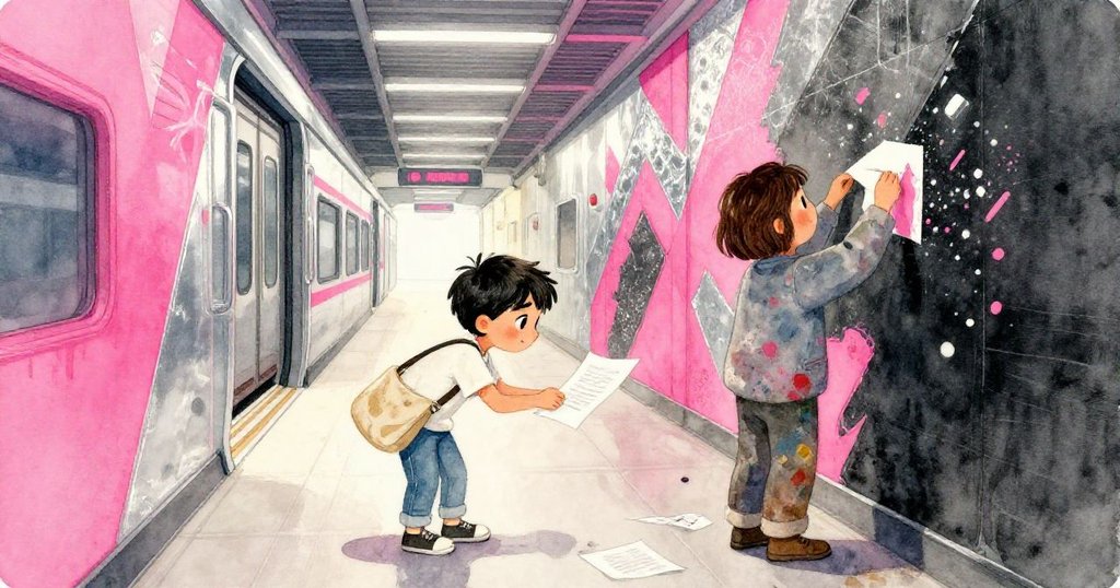 Kian彎腰在隱蔽通道追尋飛散的紙張，與一位正執筆的壁畫藝術家相遇，臉上滿是驚喜與回憶。