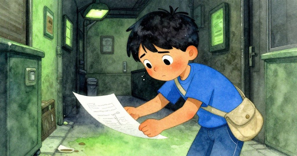 Kian在昏暗通道中彎腰撿取飛舞的紙稿，臉上展現堅定與專注，汗水與塵埃映襯他的勇氣。