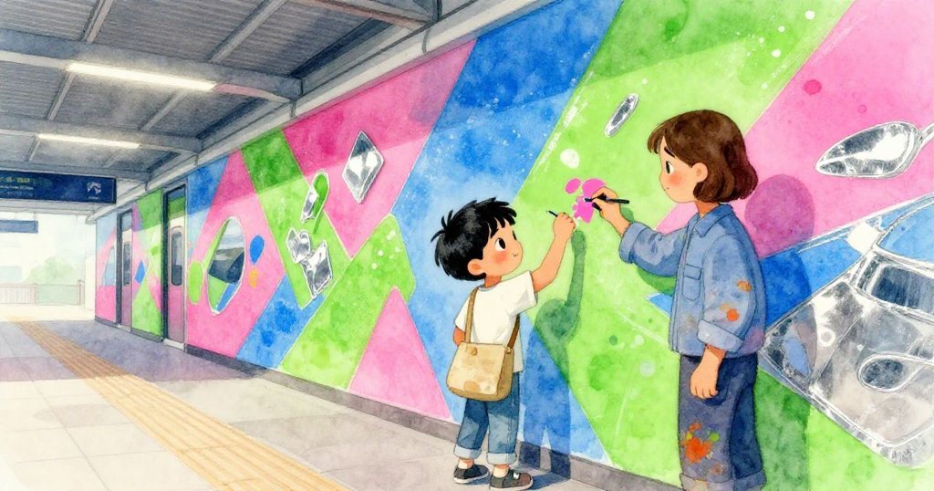 Kian和壁畫藝術家在現代車站牆面共同作畫，融合紙稿線條與濕潤顏料，臉上洋溢創意與和諧，背景有分裂時鐘。