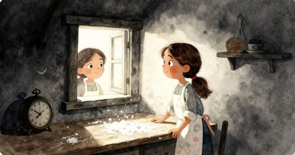 瑪麗索爾在黃昏中推開狹窄的廚房窗戶，窗外微光映出她期待的神情與溫暖廚房場景