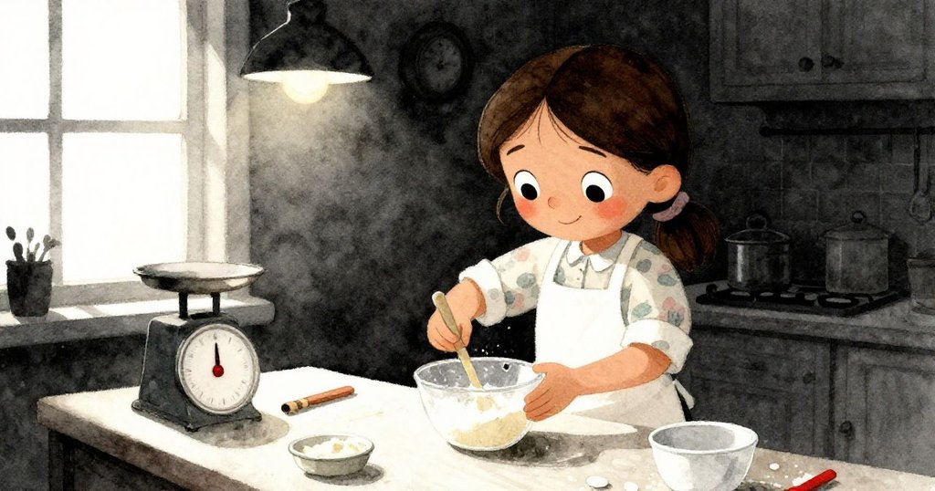 瑪麗索爾在櫃檯上仔細稱量材料，古老秤盤與麵粉罐互動，背景透出微弱街燈光，神情專注