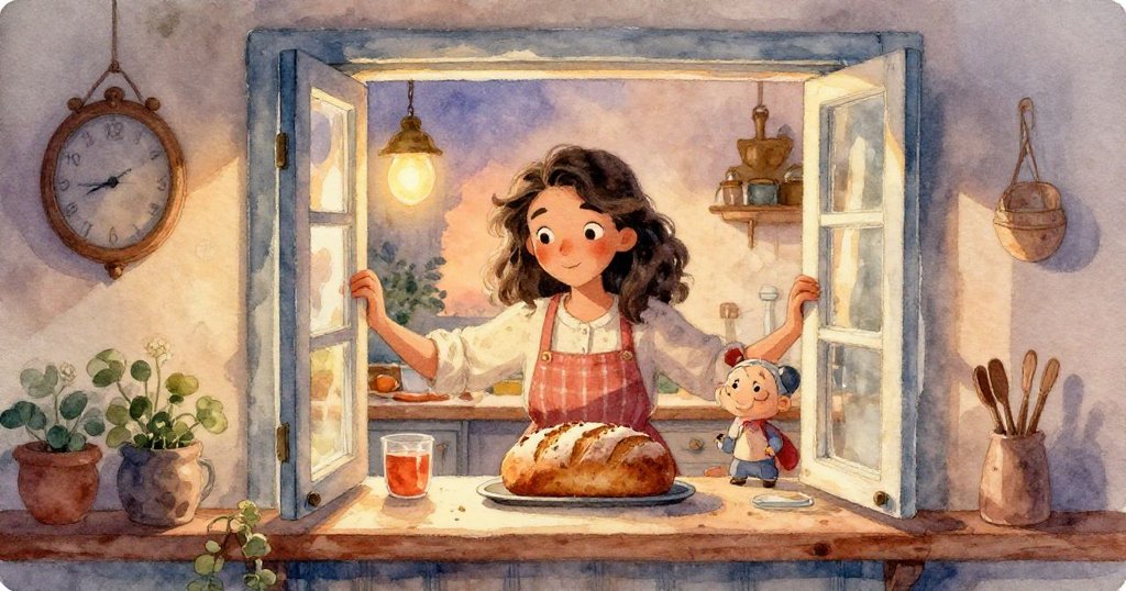 燈光下的麵粉細雲在天花板梁上營造神奇氛圍，細緻特寫展現廚房的溫暖魔幻時刻