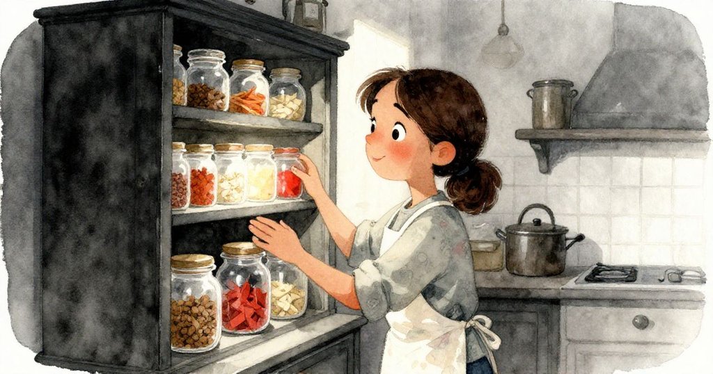 瑪麗索爾在櫥櫃中搜尋香料，各式瓶罐環繞中流露出堅定與一絲失落的情緒