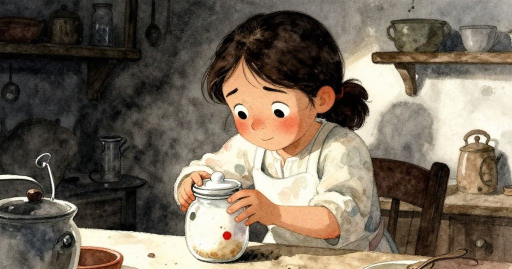 瑪麗索爾特寫鏡頭中用力旋轉糖罐，面部流露堅毅與微許焦慮，背景呈現溫暖廚房細節