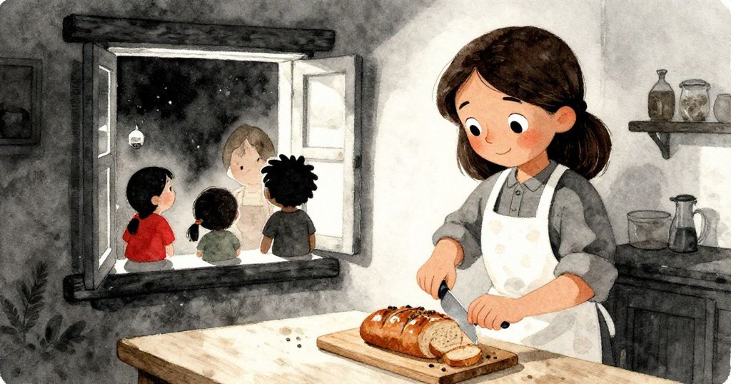 瑪麗索爾在溫暖黃昏中切分發光麵包，鄰居們從窗外聚集共享，現場流露出快樂與溫馨情感