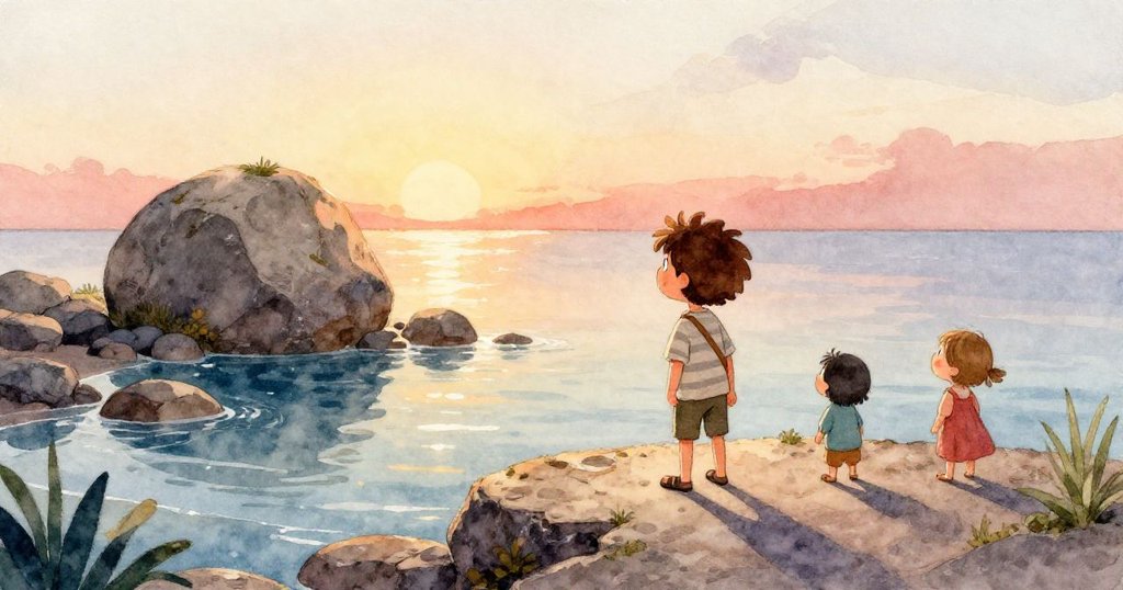 Leo 踏入淺水溝，水花四濺映照在運動鞋上，冒險氣氛濃厚，木板增添歷史質感。