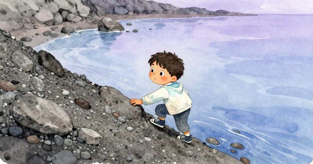 Leo 努力攀爬碎石山脊，腳下沙礫滑動，水中微光閃爍，他展現出堅決與驚奇的表情。