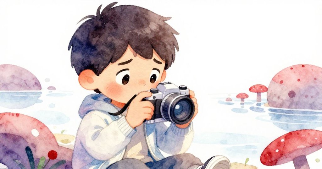 Leo 注視著故障相機，面部表情流露失落與沉思，背景模糊顯現海邊粗獷風景。