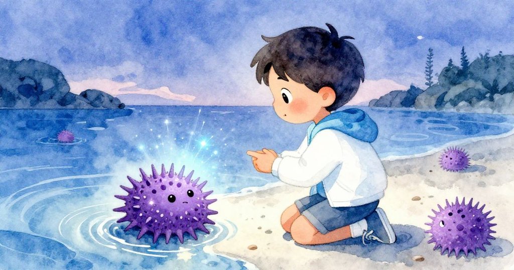 Leo 跪在潮池旁驚嘆凝視發光紫色海膽，神情充滿驚奇與感動，海邊夜光與浪花交織出奇幻氛圍。