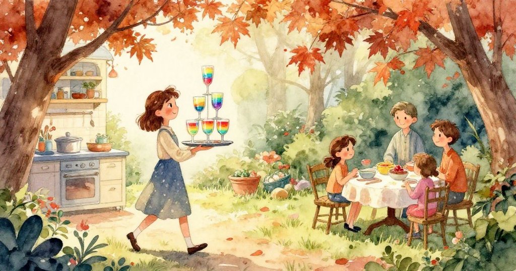 科拉手中的托盤上放著六個彩虹玻璃杯,每個杯子中彩色漩渦閃爍著陽光,細節精美象徵希望與平衡。