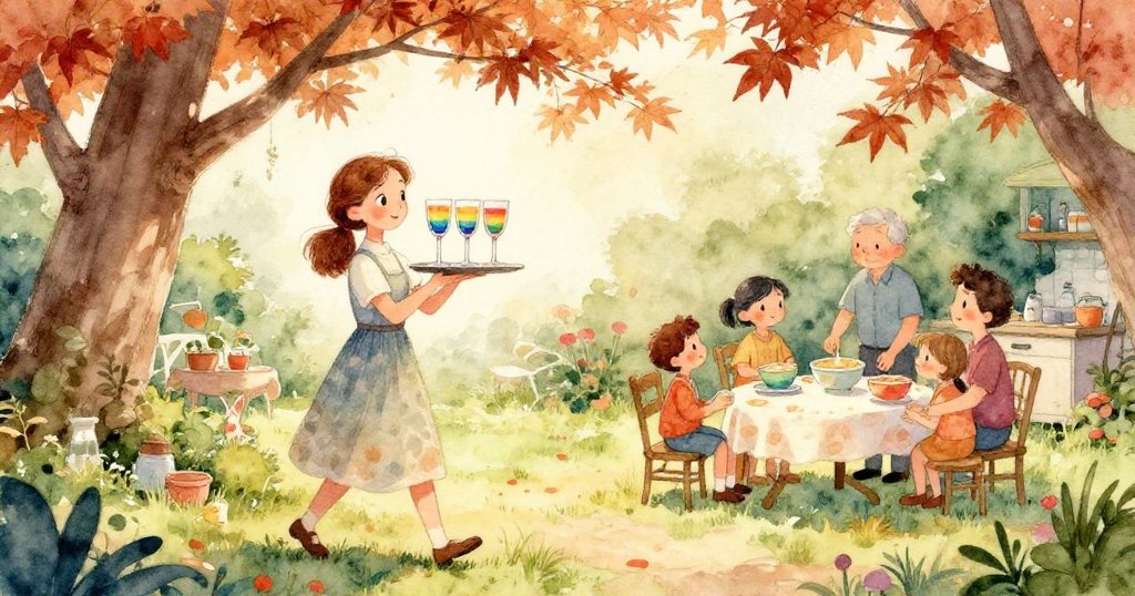 一個彩虹玻璃杯在托盤上反射出陽光與楓樹下花園桌的影像,光與色彩交織出魔幻氣息,充滿吟詠之美。