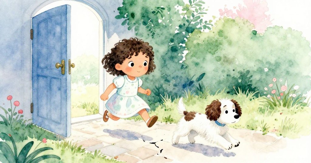 科拉從後門走出,地面出現細小裂痕,巴克利快樂奔跑衝破樹籬,場景既寧靜又略帶意外情緒。