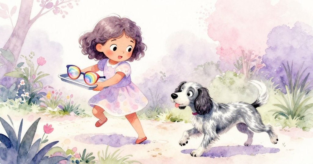 科拉在花園小徑上腳被裂痕絆住,托盤歪斜,巴克利的小尾巴輕掃她的膝蓋,她表情驚恐面臨挑戰。