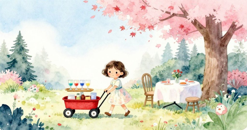 科拉平靜而堅定地將托盤放入紅色小車中,慢慢駛向野餐桌,彩虹玻璃穩定擺放,庭園充滿平和溫暖氣息。