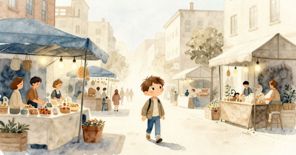 米洛踏入覆蓋市集,面帶好奇,市場燈光閃爍,攤販環繞,預示著冒險的開始與期待