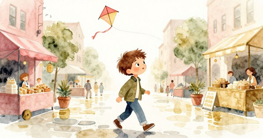 米洛踏過雨後濕潤的石道,注意到傘下飛舞的紙風箏,神情期待並充滿活力,展現都市市場風情