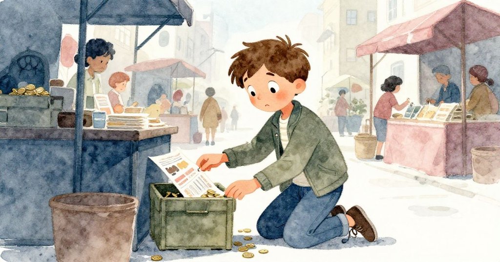 米洛蹲在濕潤地面上,小心翼翼將傳單送入箱下,臉上流露出堅決與擔憂,刻畫出緊張瞬間