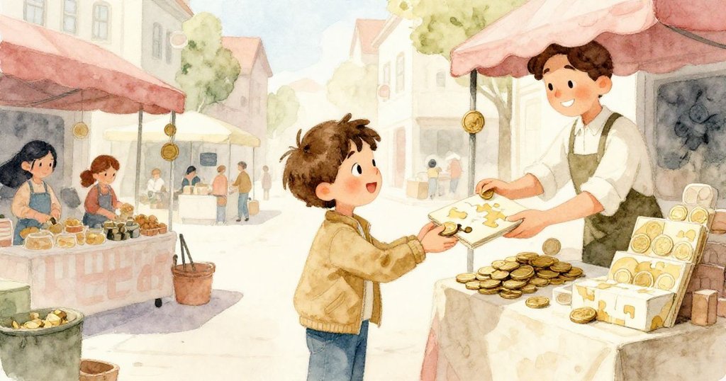 米洛敲擊硬幣,微笑接受供應商遞來的包裝拼圖,雨漸停市場重現生機,故事達到完滿落幕