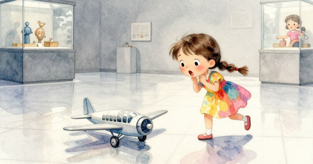 諾拉驚訝地看著玩具飛機從口袋滑落,飛機在光滑瓷磚上滾動,場景溫柔且細膩。