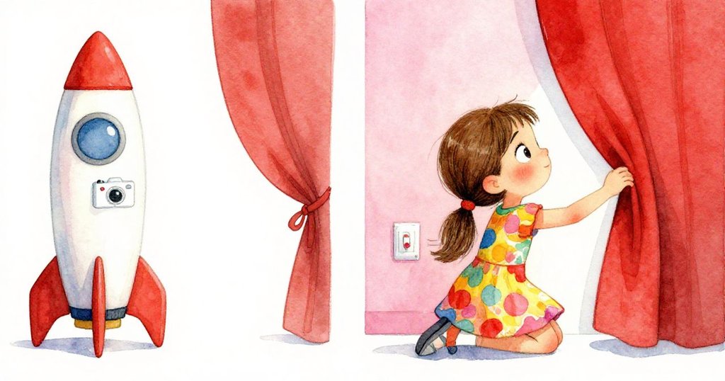 諾拉一邊拍攝現代火箭模型,一邊迅速拉起黑色幕簾,意外觸動隱藏的開關,表情既專注又驚奇。