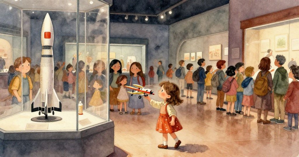 從高處俯瞰博物館大廳,側板打開吐出輕柔蒸氣,後方廚師們忙於準備色彩豐富的在地美食,場景溫暖而神秘。