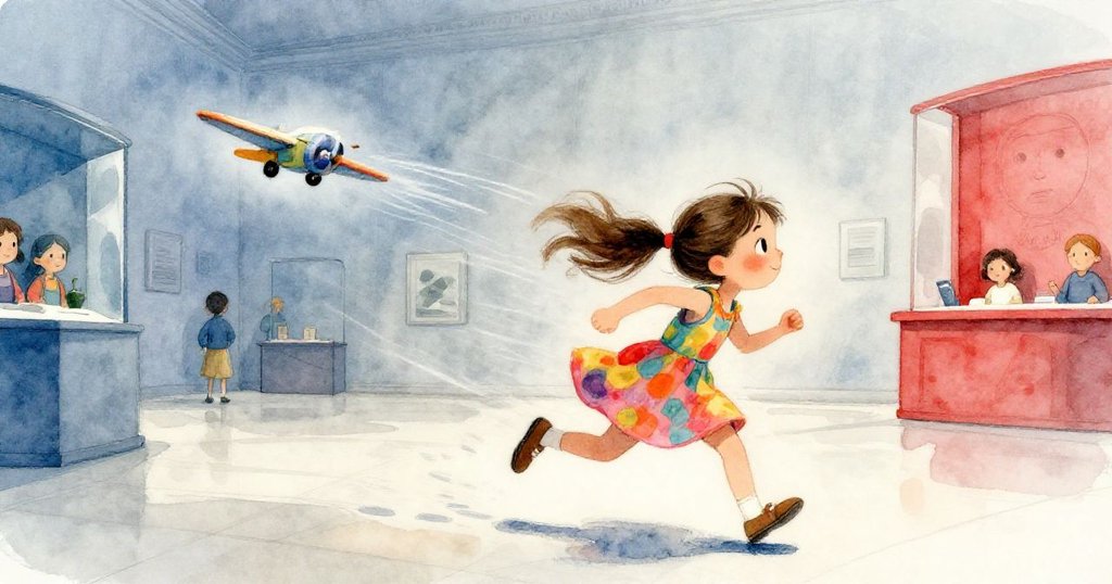 諾拉急速追趕滑動的玩具飛機,邊奔跑邊伸手,表情急切而堅定,背景中人群流動模糊呈現動感。