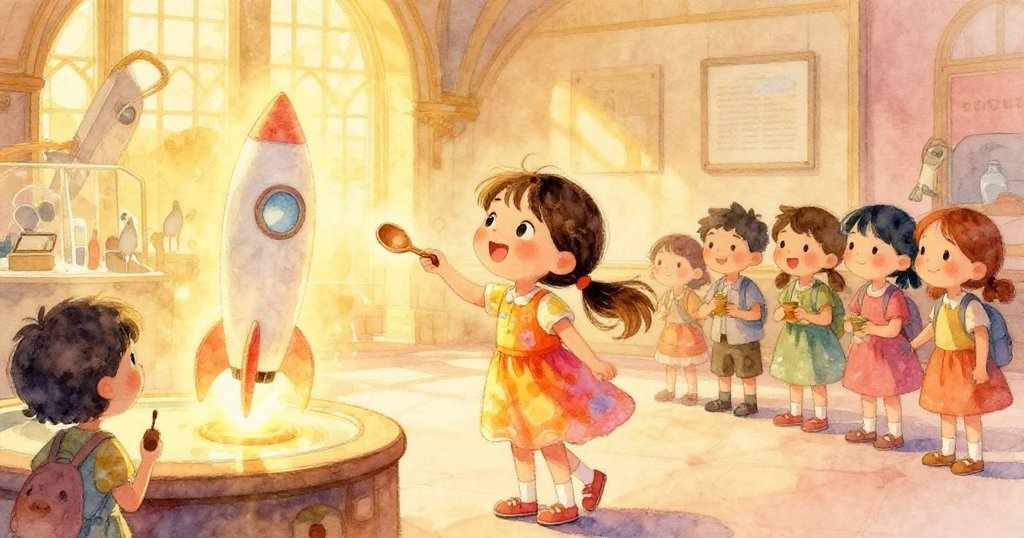 諾拉微笑放下相機,站在發光火箭旁,隨後加入品嚐隊伍,手持小木匙,溫暖夕陽光影中充滿喜悅與滿足。