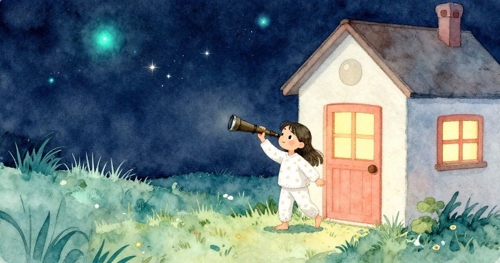 女孩帶著望遠鏡從家門走出，步入星光閃爍的夜晚，心中滿懷期待踏上冒險之旅