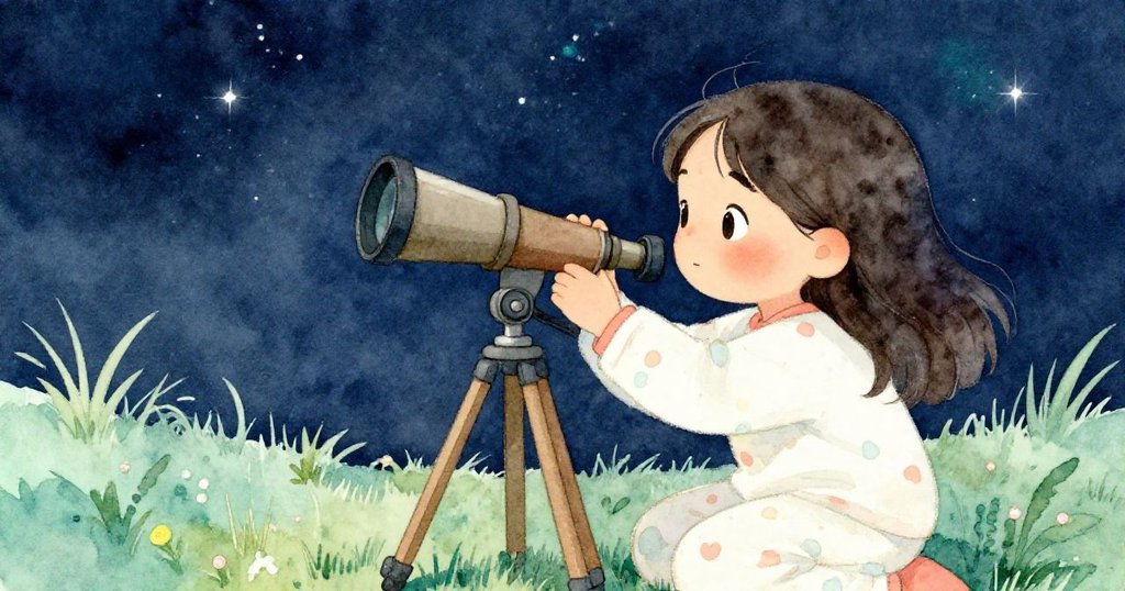 女孩專注搭建小三腳架，細心調整望遠鏡，草地上星光點綴，神情充滿好奇與期待
