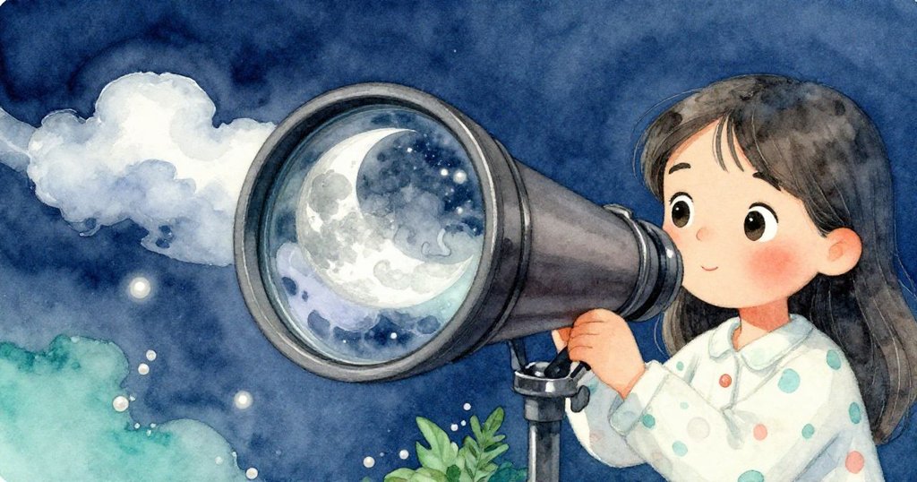 女孩透過望遠鏡細看夜空，鏡頭中映出銀月與流動雲朵中隱隱約約的貓咪輪廓，充滿神秘驚喜