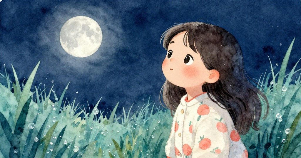 女孩凝神觀察綻放露珠的草葉，銀月光輝映照下彷如水下世界般閃耀，營造出迷人夜晚氛圍