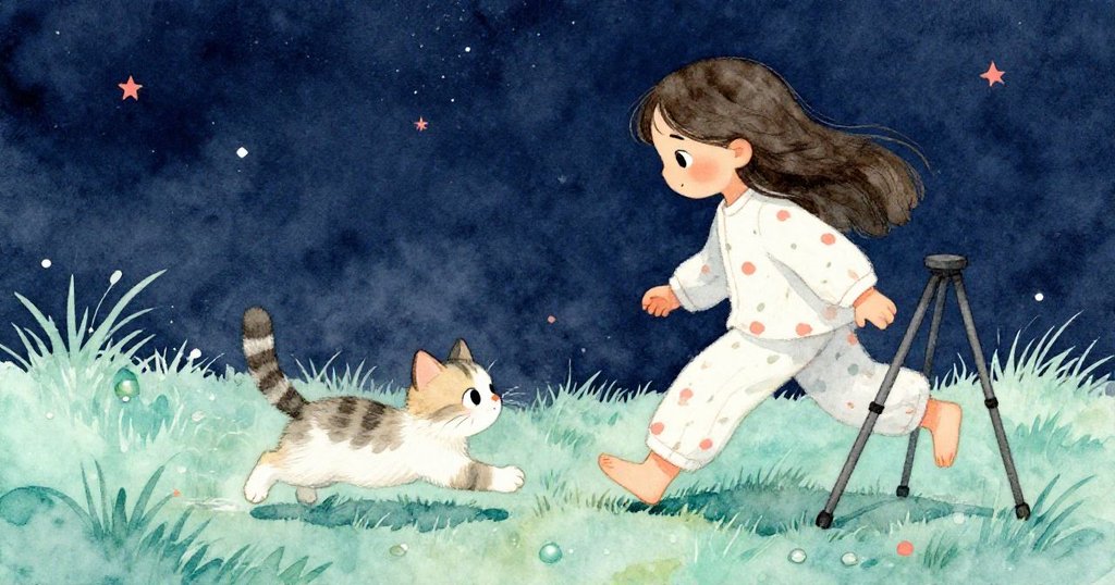 女孩笑著目送小貓在腳邊飛奔追逐飄飛落葉，尾巴輕觸三腳架，夜空中洋溢出活潑快樂氛圍