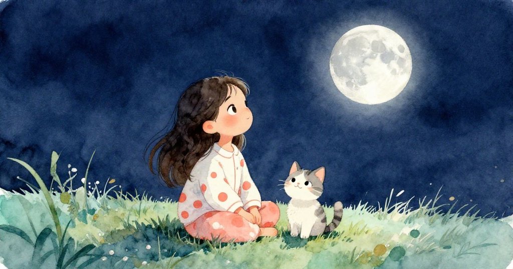 女孩坐在草地上輕放望遠鏡，小貓依偎旁邊，兩者共同仰望重現銀光的明月，夜晚寧靜中充滿溫馨與驚奇