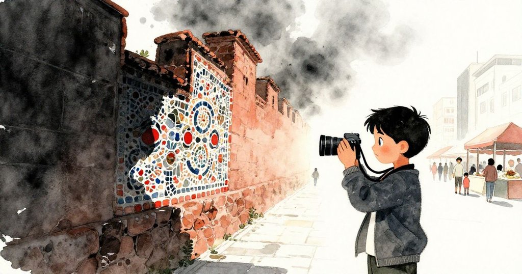 馬泰奧在晨光中調整相機,初曦映照部份古老碎瓷牆,市場邊景模糊忙碌,神情專注